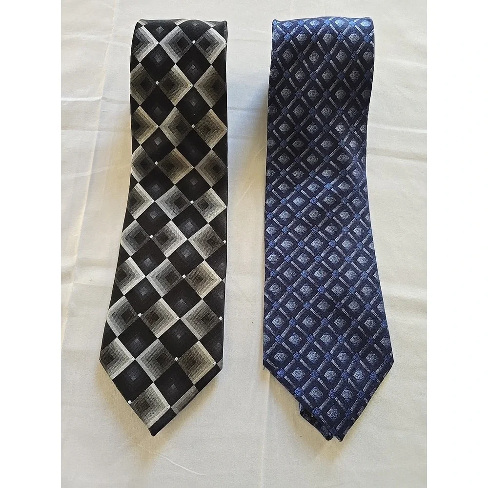 Tie Lot Of 2 Vintage Stafford Neck 100%‎ Silk Blue Black Geometric Gray Design